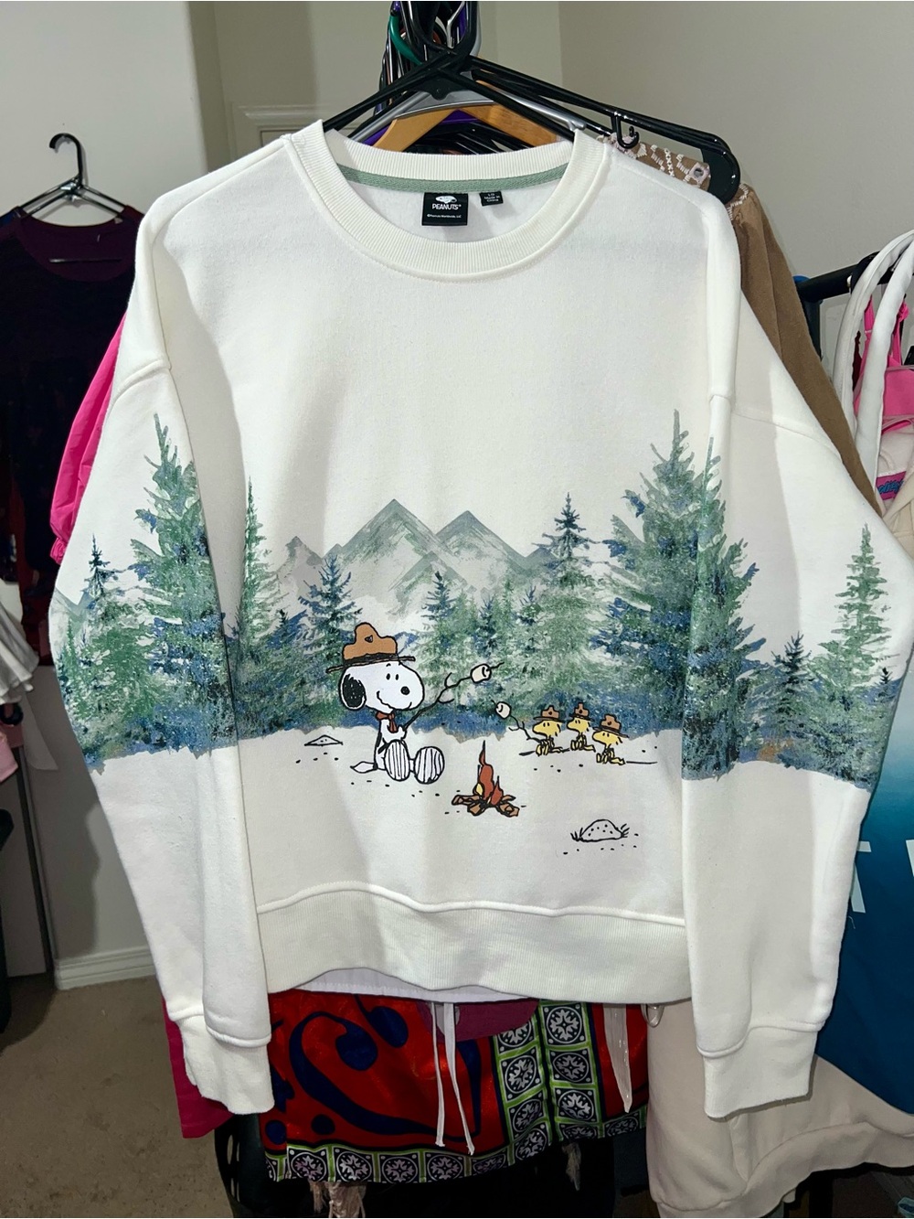 Peanuts 🥜 Cream Scenic Snoopy Crewneck Sweater with Forest Graphic - Picture 12 of 15